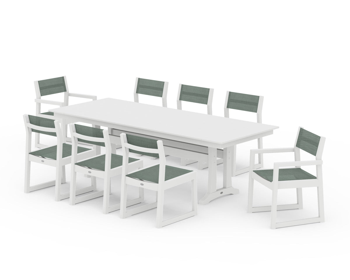 POLYWOOD EDGE Sling 9-Piece Farmhouse Trestle Dining Set in White / Dupioni Sea Mist