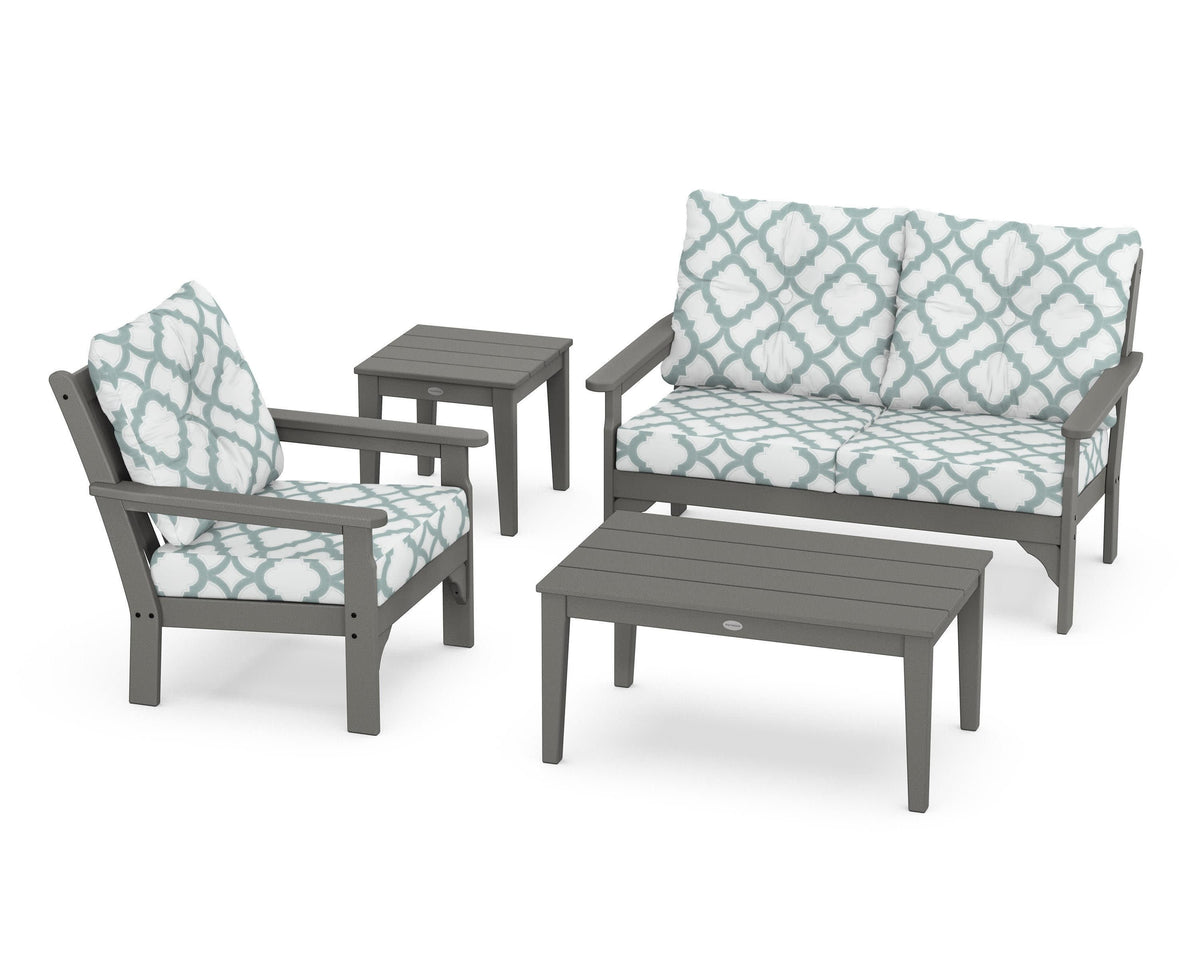 POLYWOOD Vineyard 4-Piece Deep Seating Set with 36" Coffee Table in Slate Grey / Trellis Glacier Spa