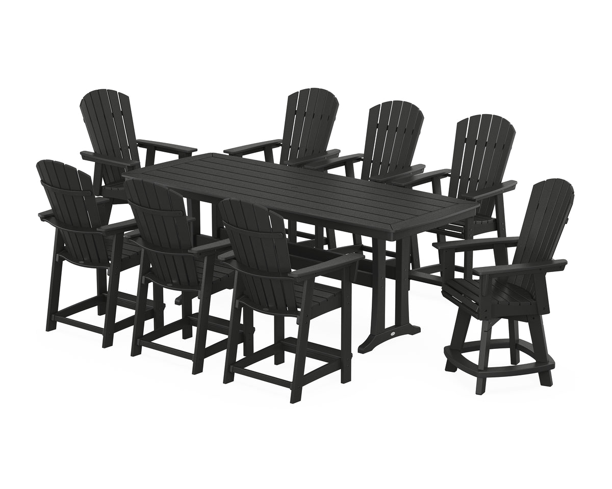 POLYWOOD Nautical Curveback Adirondack Swivel 9-Piece Counter Set with Trestle Legs in Black