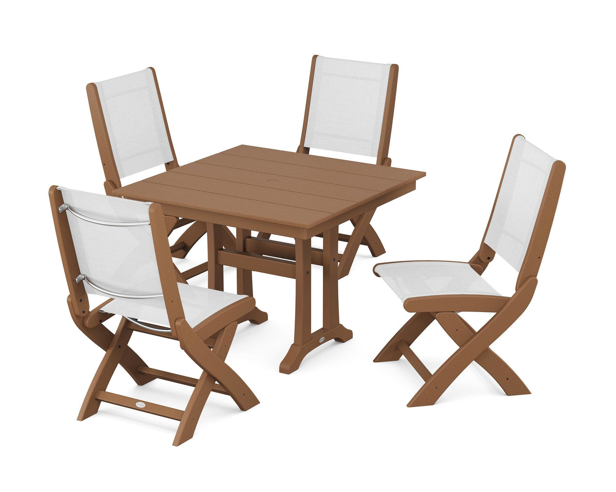 POLYWOOD Coastal Folding Side Chair 5-Piece Farmhouse Dining Set With Trestle Legs in Teak / White