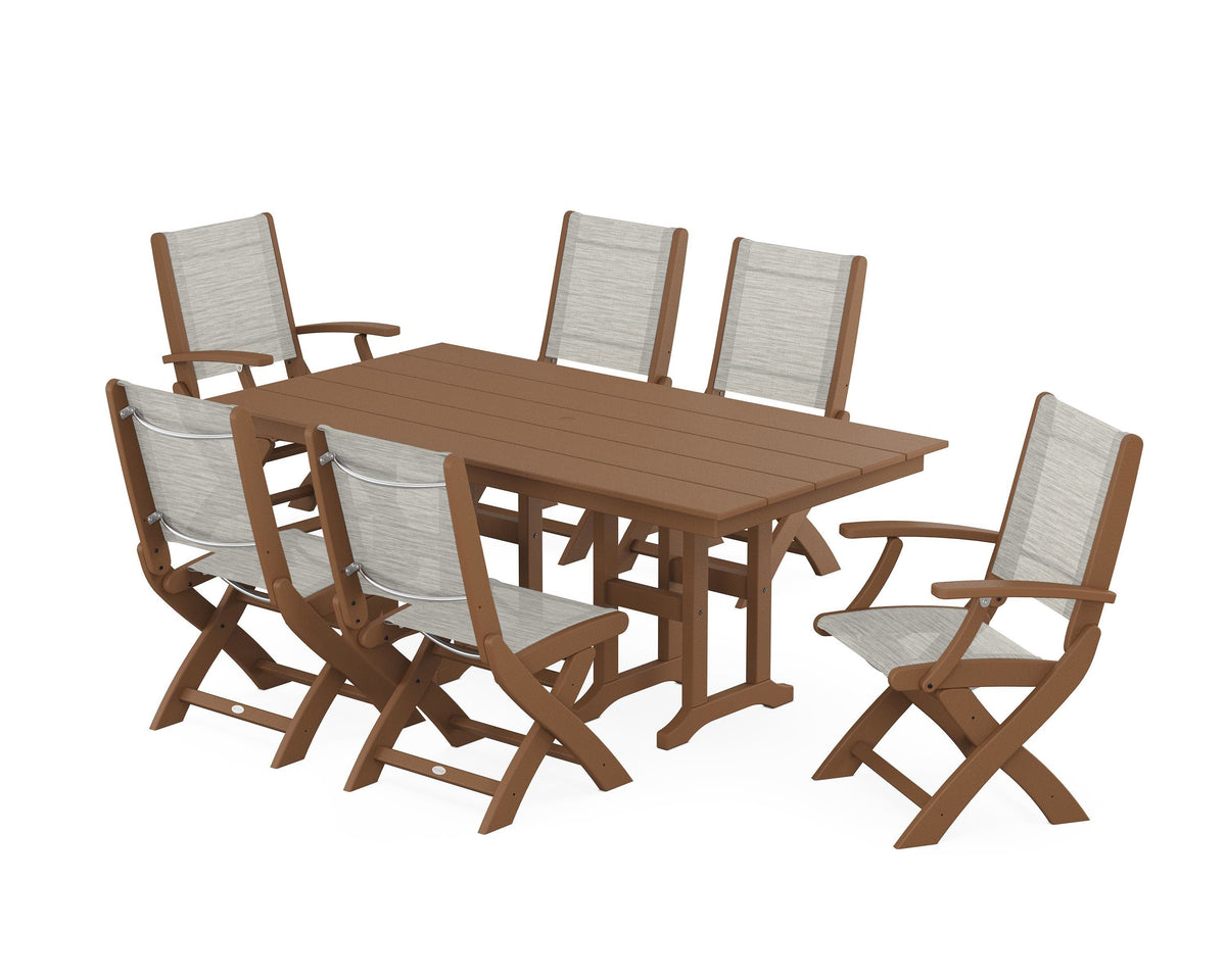 POLYWOOD Coastal Folding Chair 7-Piece Farmhouse Dining Set in Teak / Birch