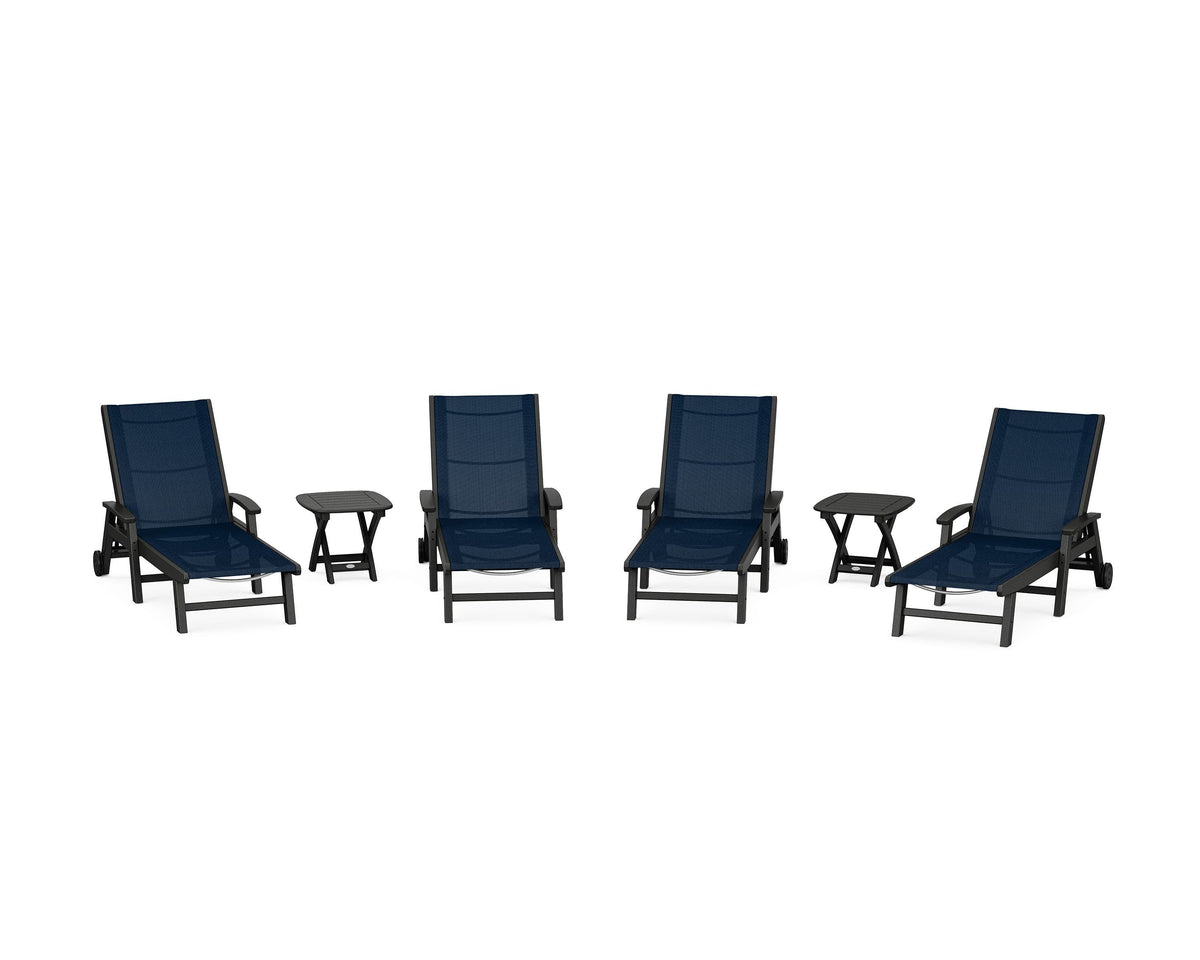 POLYWOOD Coastal Chaise 6-Piece Set with Wheels in Black / Navy Blue