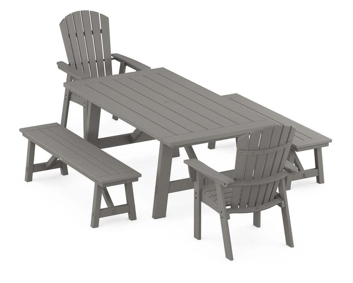 POLYWOOD Nautical Curveback Adirondack 5-Piece Rustic Farmhouse Dining Set with Benches in Slate Grey