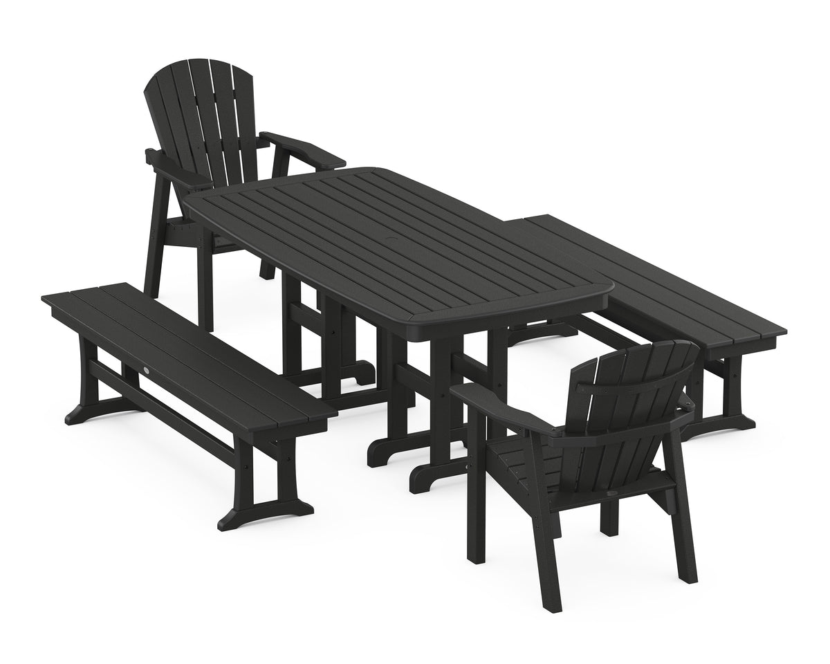 POLYWOOD Seashell 5-Piece Dining Set with Benches - 37" x 72" Table in Black
