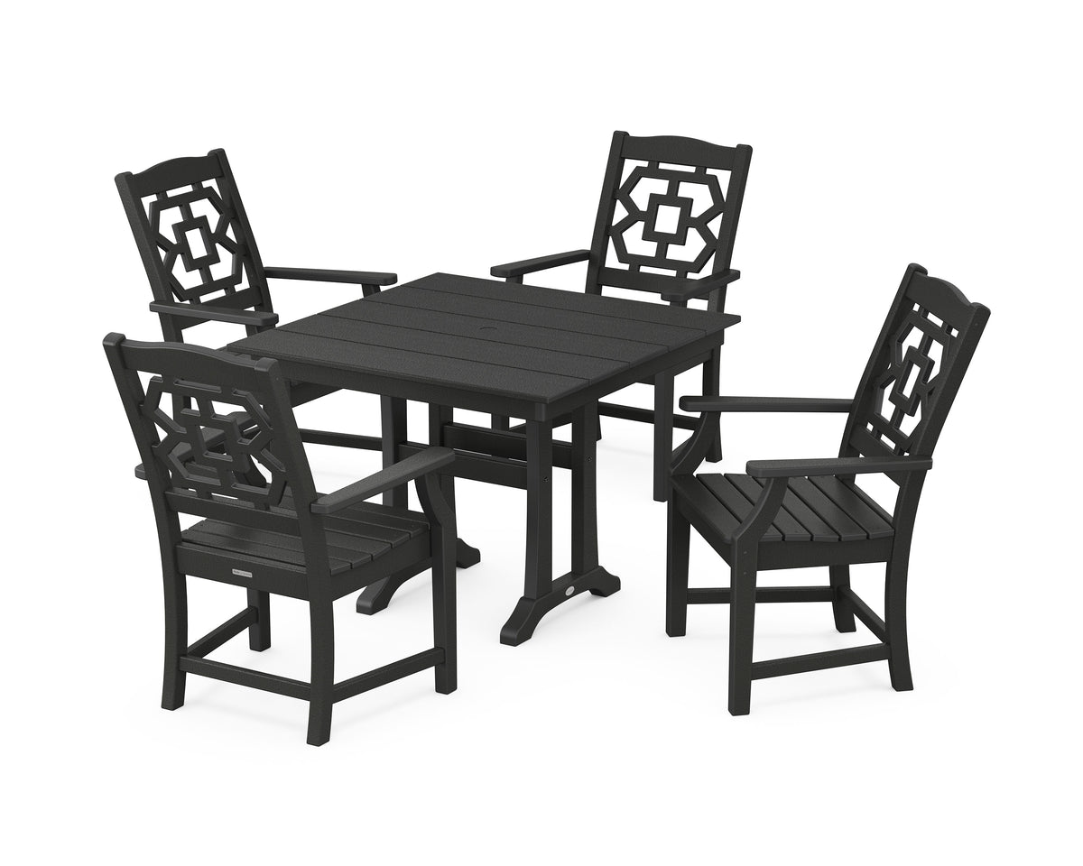 POLYWOOD Chinoiserie 5-Piece Farmhouse Dining Set with Trestle Legs in Black