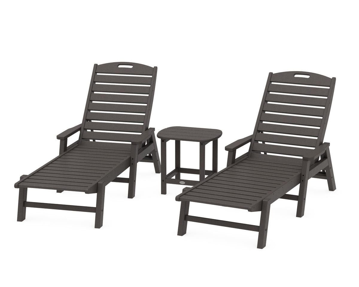 POLYWOOD Nautical 3-Piece Chaise Set with South Beach 18" Side Table in Vintage Coffee