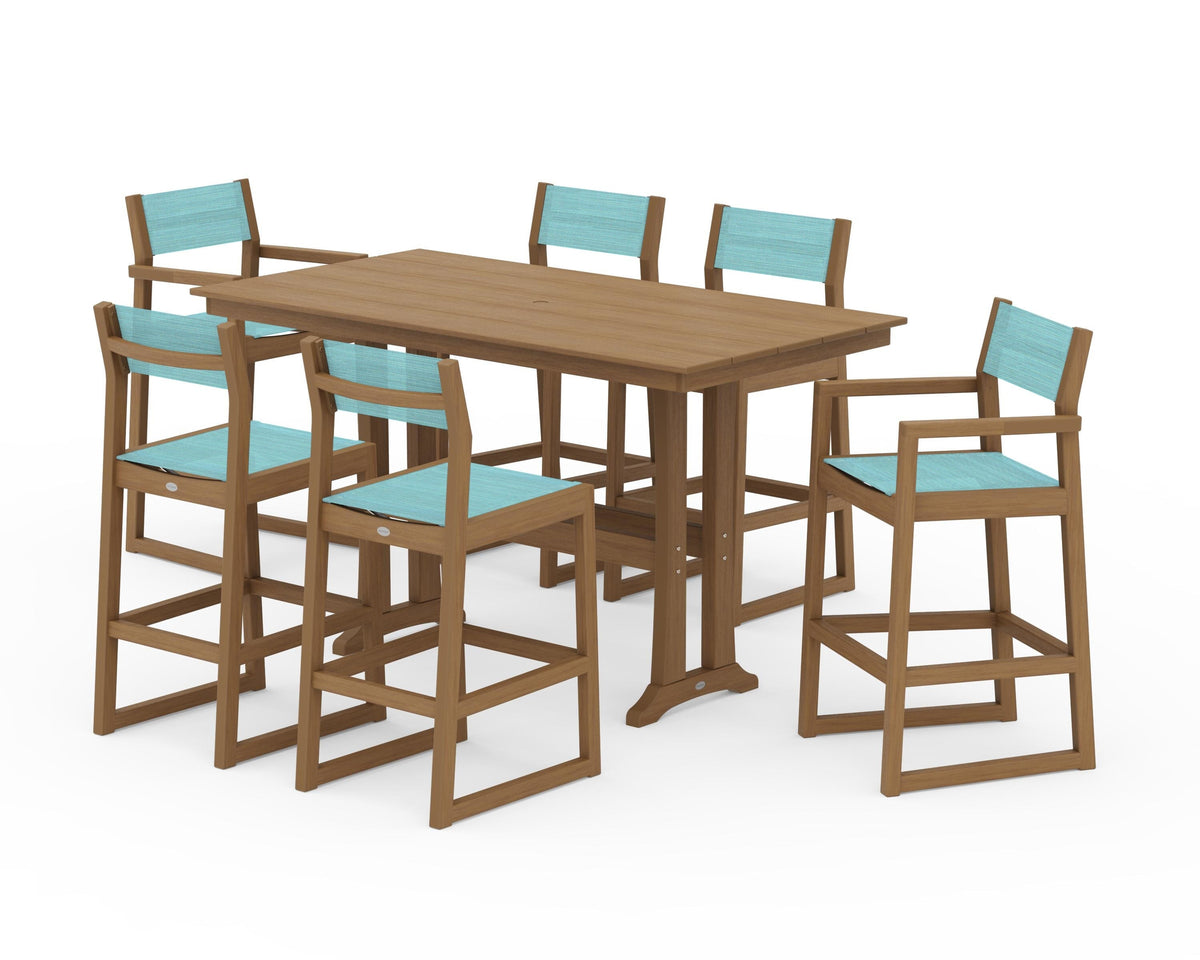 POLYWOOD EDGE Sling 7-Piece Farmhouse Bar Set with Trestle Legs in Natural / Dupioni Aquamarine
