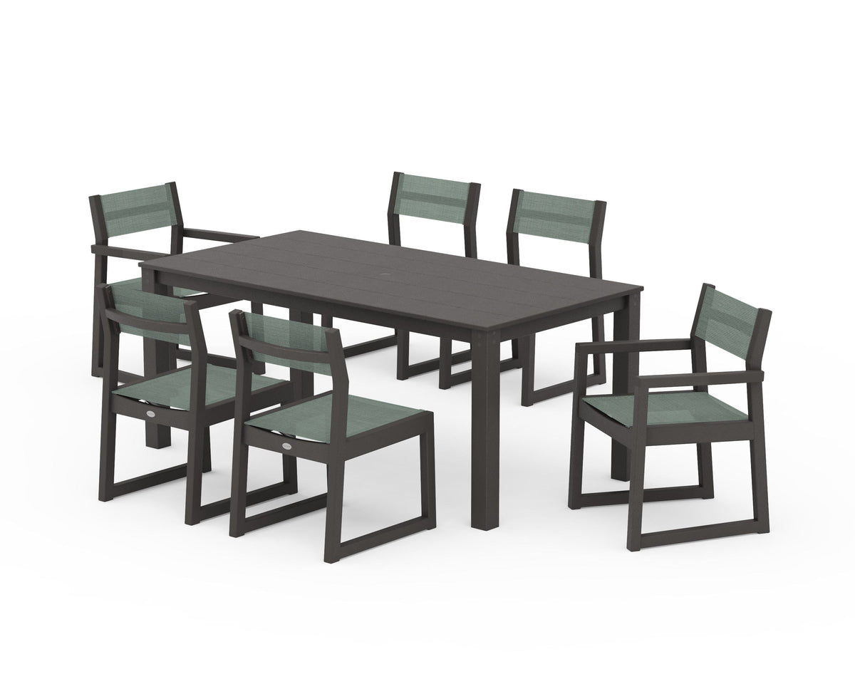 POLYWOOD EDGE Sling 7-Piece Parsons Dining Set in Vintage Coffee / Dupioni Sea Mist