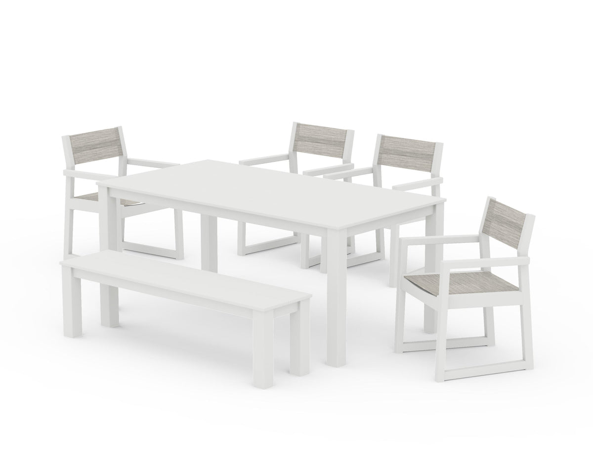 POLYWOOD EDGE Sling Arm Chair 6-Piece Parsons Dining Set with Bench in Vintage White / Birch