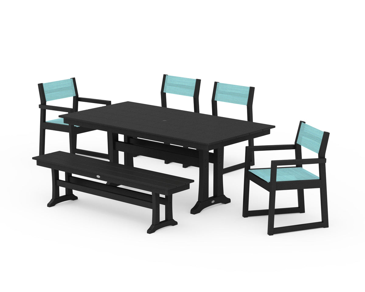 POLYWOOD EDGE Sling 6-Piece Farmhouse Dining Set With Trestle Legs in Black / Dupioni Aquamarine