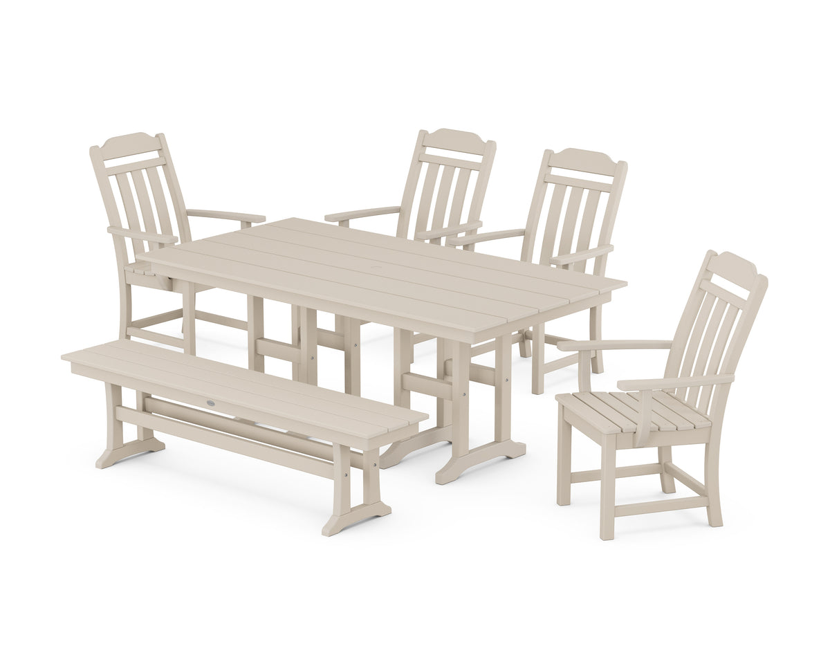 POLYWOOD Cottage 6-Piece Farmhouse Dining Set with Bench in Sand