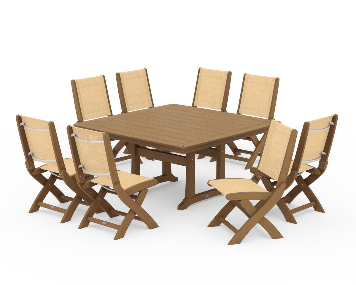 POLYWOOD Coastal Folding Side Chair 9-Piece Dining Set with Trestle Legs in Natural / Dupioni Apricot