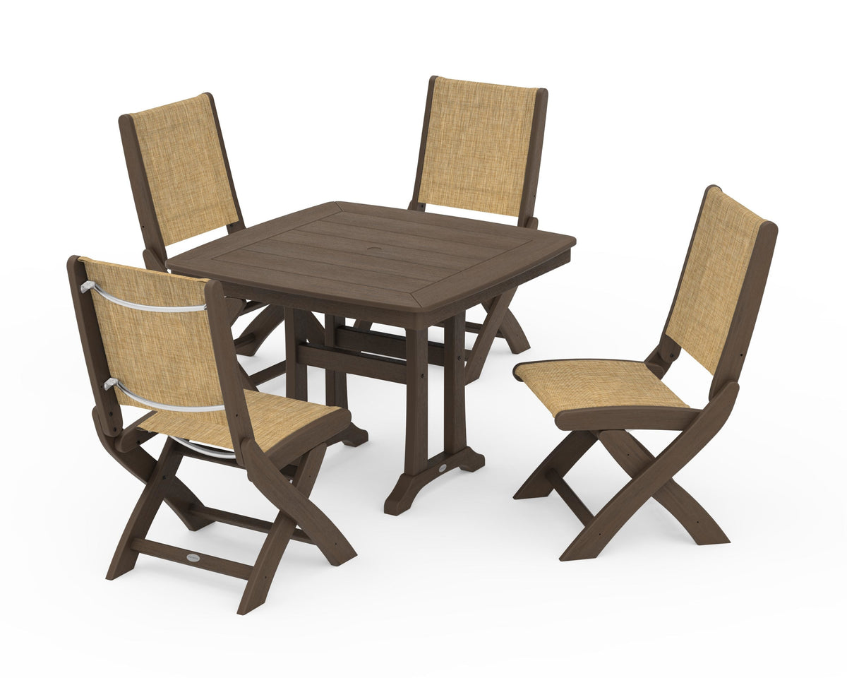 POLYWOOD Coastal Folding Side Chair 5-Piece Dining Set with Trestle Legs in Kona / Burlap