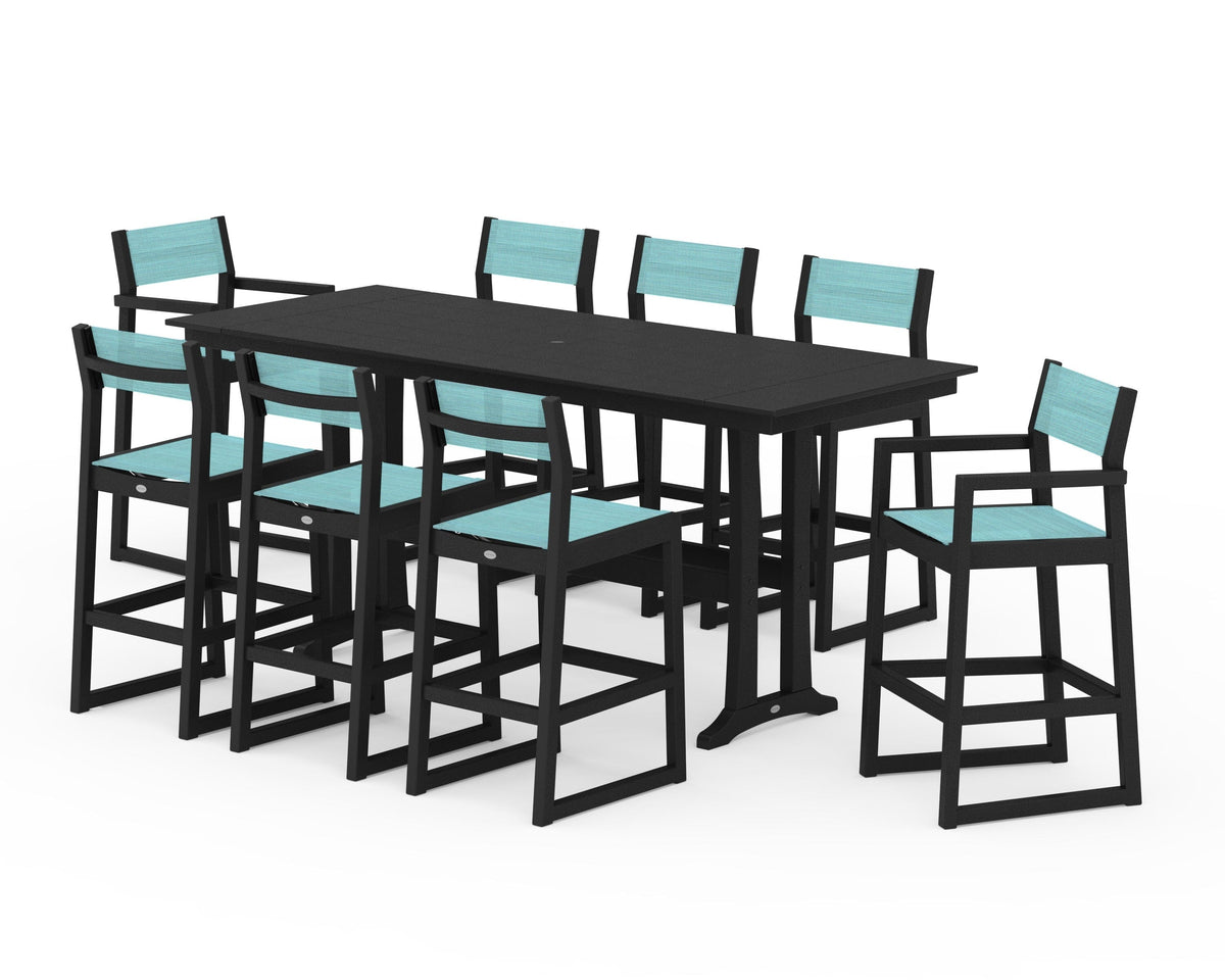 POLYWOOD EDGE Sling 9-Piece Farmhouse Bar Set with Trestle Legs in Black / Dupioni Aquamarine