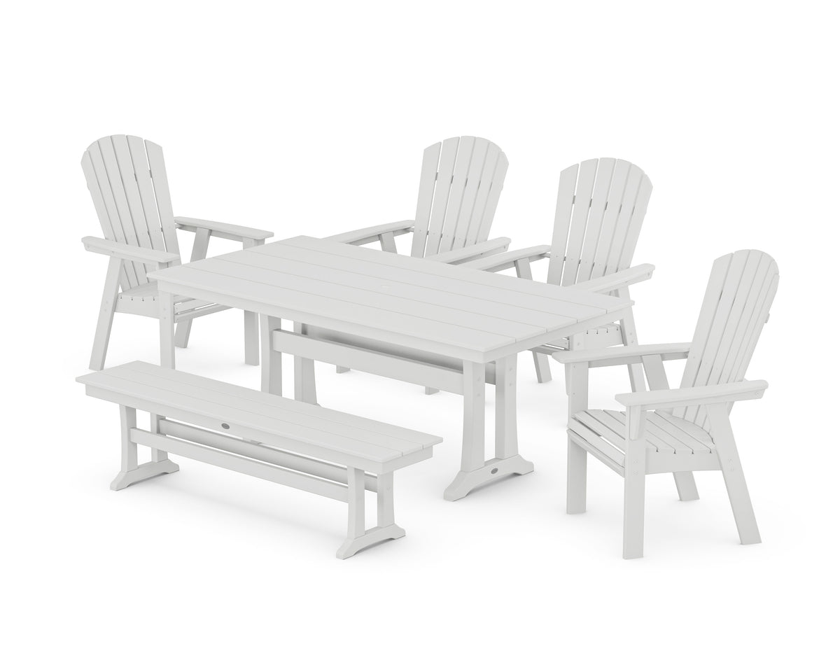 POLYWOOD Nautical Curveback Adirondack 6-Piece Farmhouse Dining Set with Trestle Legs and Bench in White