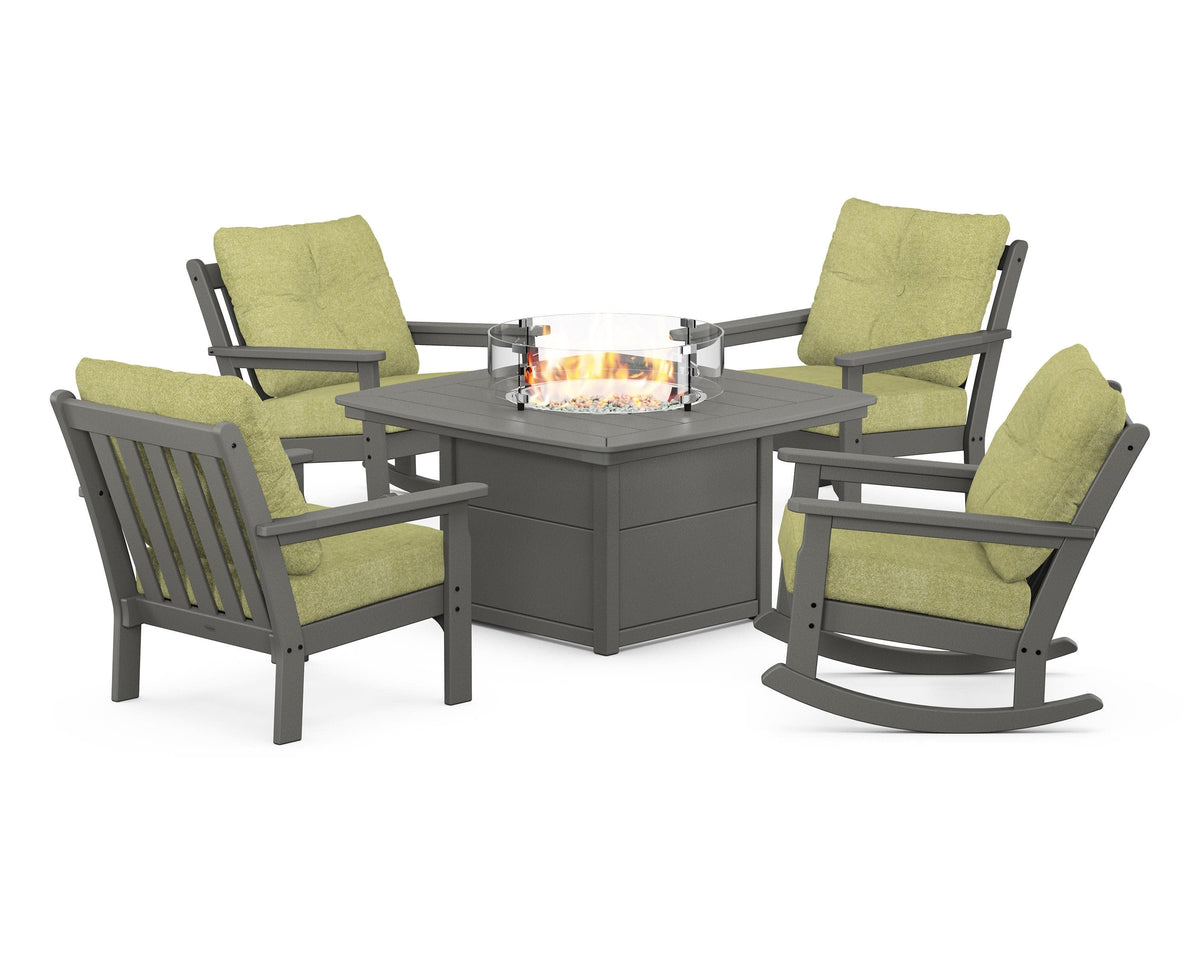POLYWOOD Vineyard 5-Piece Deep Seating Rocking Chair Conversation Set with Fire Pit Table in Slate Grey / Chartreuse Boucle