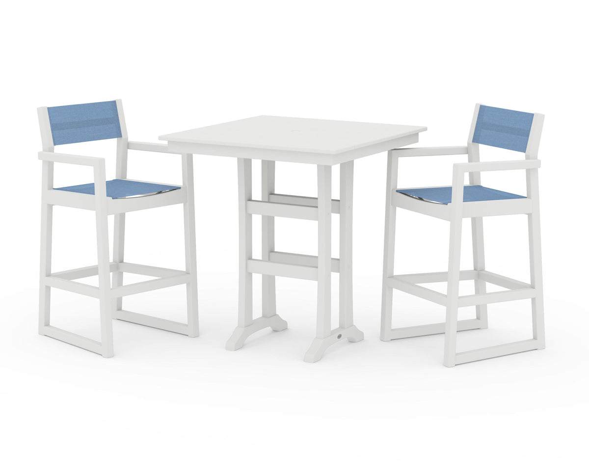 POLYWOOD EDGE Sling Arm Chair 3-Piece Farmhouse Bar Set with Trestle Legs in Vintage White / Poolside