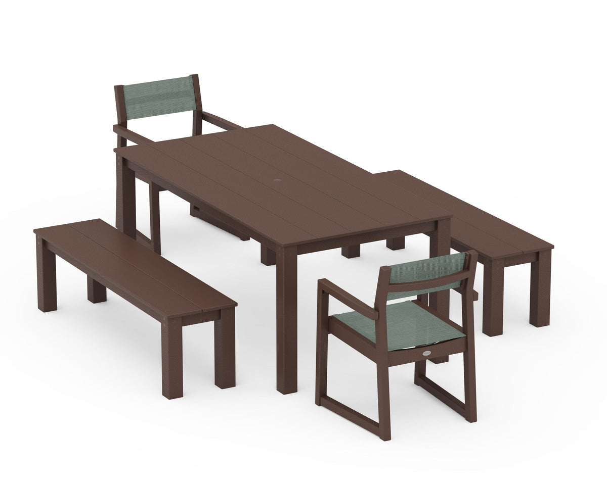 POLYWOOD EDGE Sling Arm Chair 5-Piece Parsons Dining Set with Benches in Mahogany / Dupioni Sea Mist