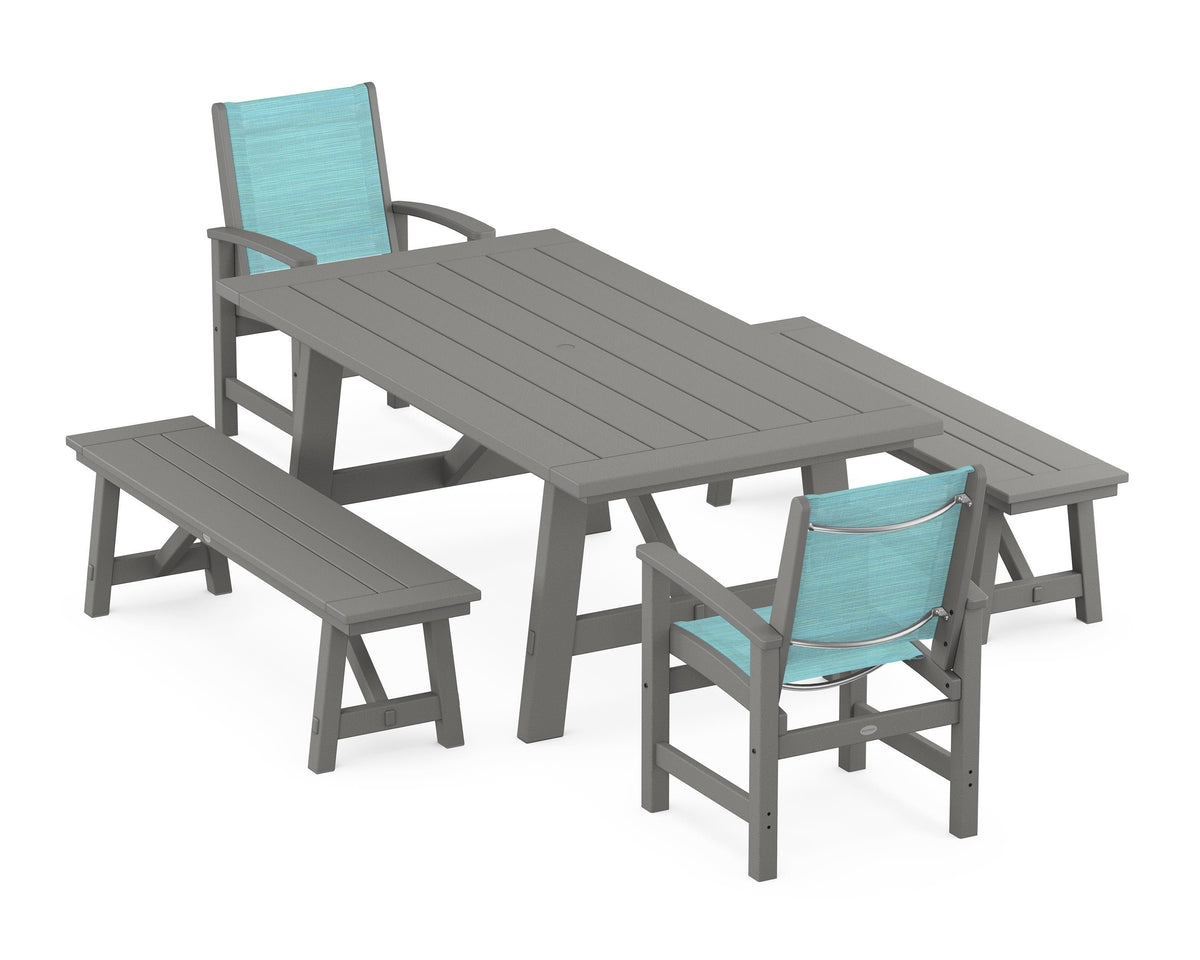 POLYWOOD Coastal 5-Piece Rustic Farmhouse Dining Set With Benches in Slate Grey / Dupioni Aquamarine