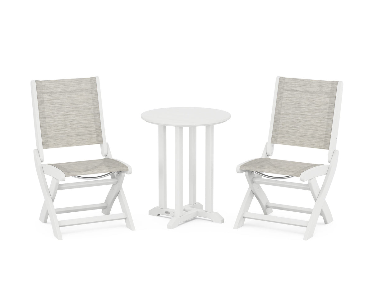 POLYWOOD Coastal Folding Side Chair 3-Piece Round Bistro Dining Set in White / Birch