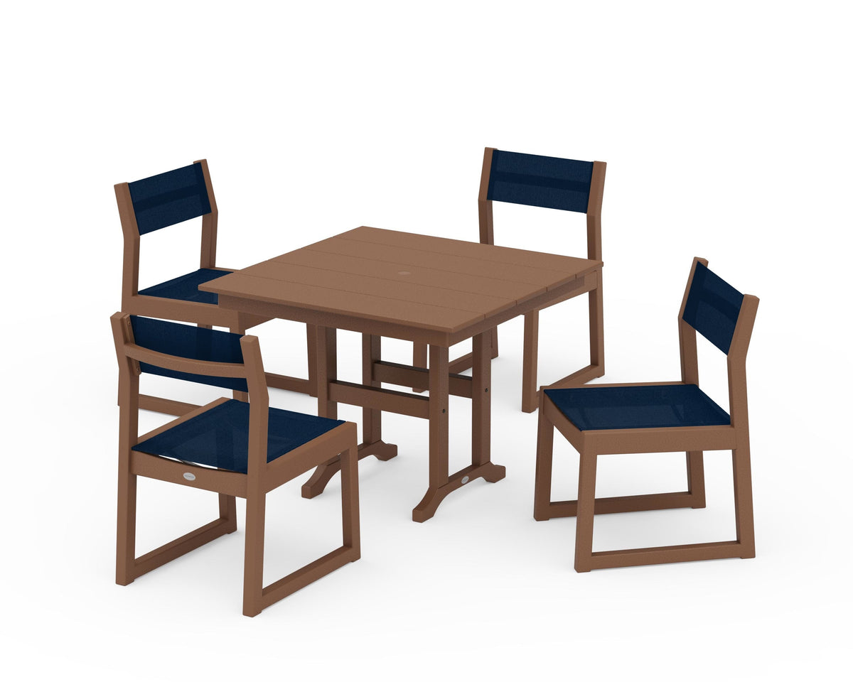 POLYWOOD EDGE Sling Side Chair 5-Piece Farmhouse Dining Set in Teak / Navy Blue