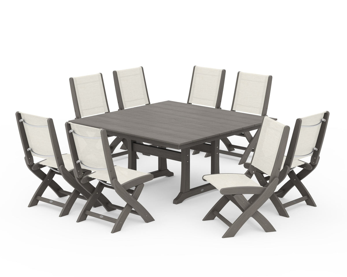 POLYWOOD Coastal Folding Side Chair 9-Piece Farmhouse Dining Set in Driftwood / Parchment