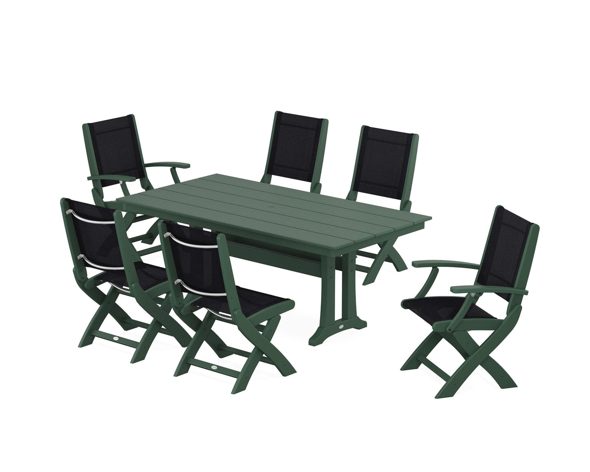 POLYWOOD Coastal Folding Chair 7-Piece Farmhouse Dining Set with Trestle Legs in Green / Black