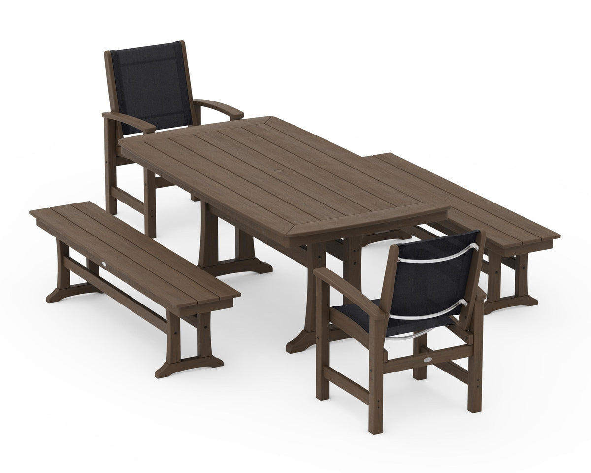 POLYWOOD Coastal 5-Piece Dining Set with Trestle Legs and Benches in Kona / Black