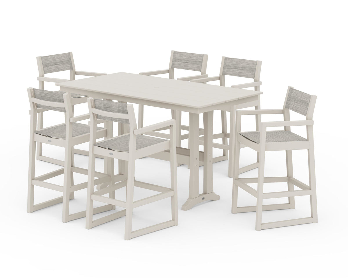 POLYWOOD EDGE Sling Arm Chair 7-Piece Farmhouse Bar Set with Trestle Legs in Sand / Birch