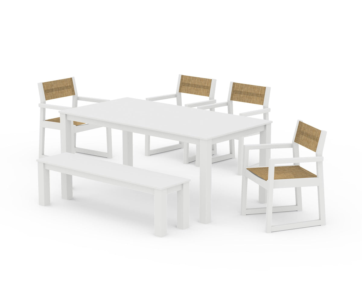 POLYWOOD EDGE Sling Arm Chair 6-Piece Parsons Dining Set with Bench in White / Burlap