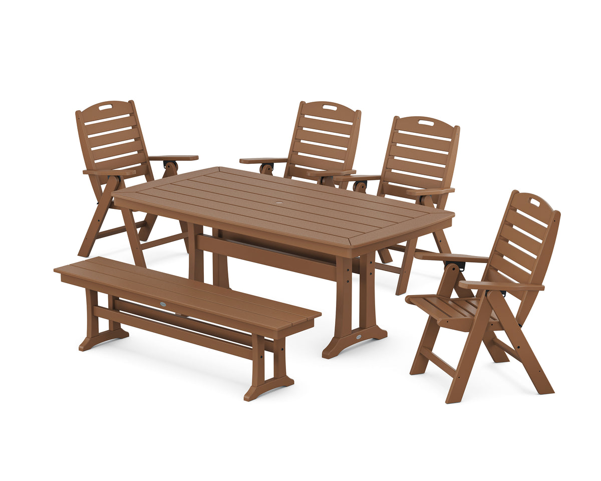 POLYWOOD Nautical Highback 6-Piece Dining Set with Trestle Legs and Bench in Teak