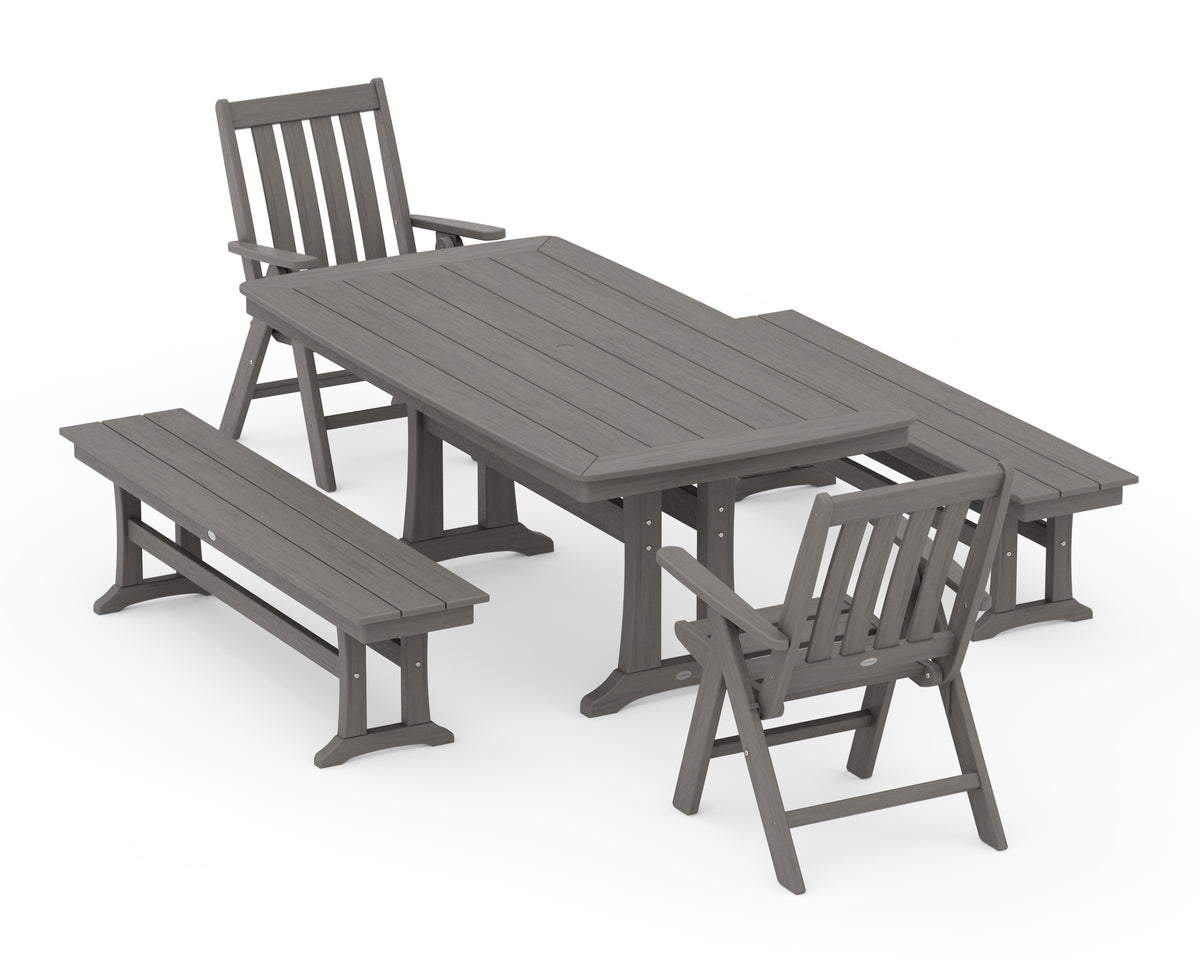 POLYWOOD Vineyard Folding Chair 5-Piece Dining Set with Trestle Legs and Benches in Driftwood