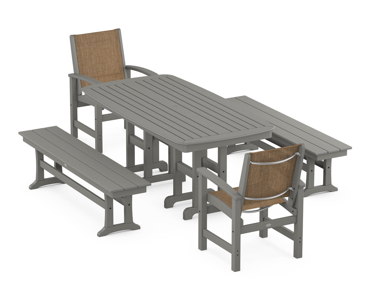 POLYWOOD Coastal 5-Piece Dining Set with Nautical 37" x 72" Dining Table in Slate Grey / Burlap