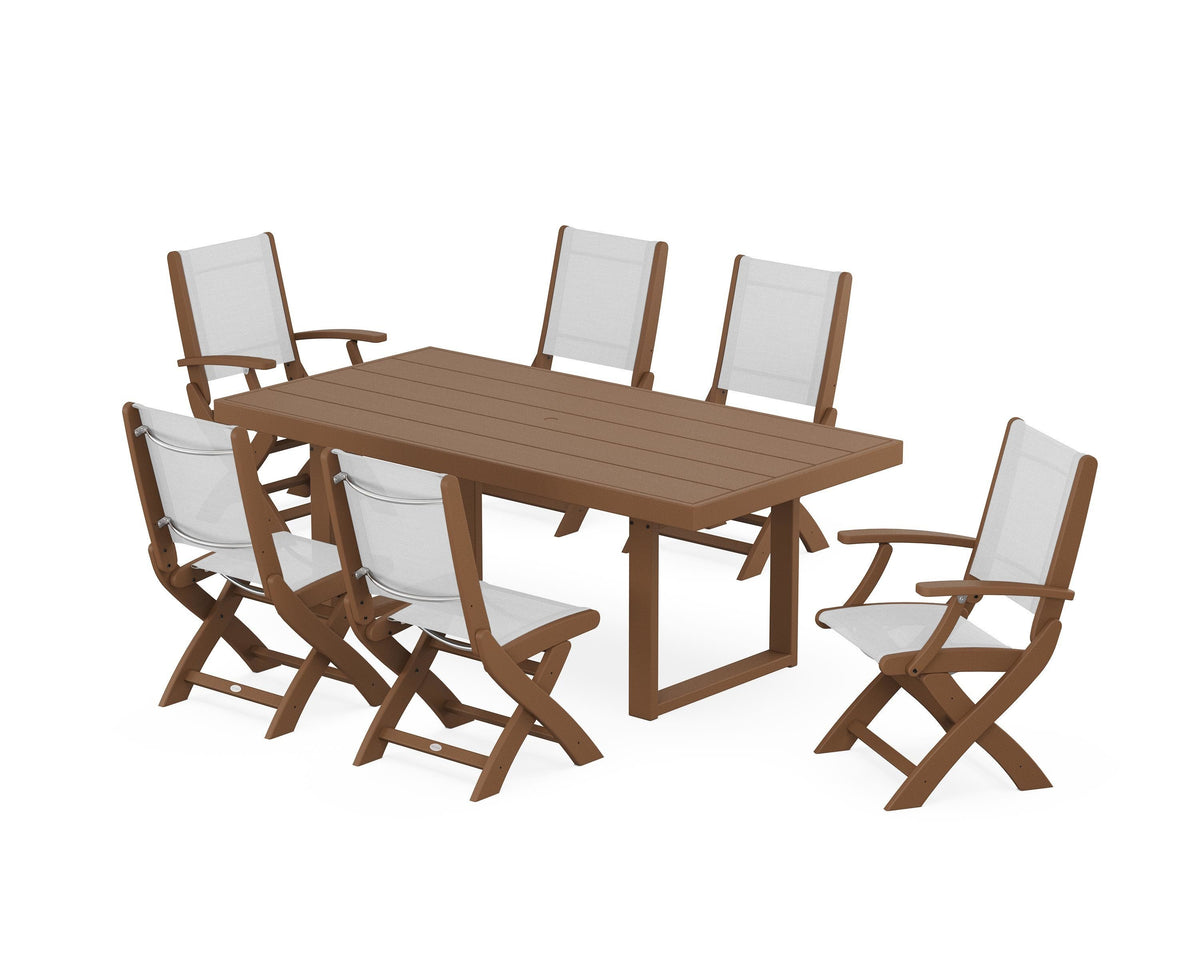 POLYWOOD Coastal Folding Chair 7-Piece Dining Set with Trestle Legs with EDGE 40" x 78" Dining Table in Teak / White