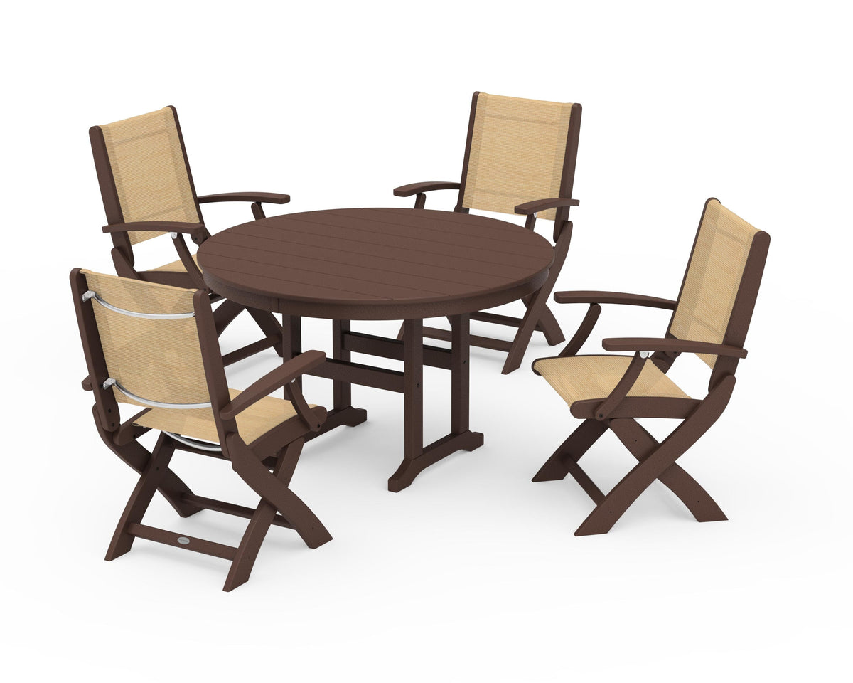 POLYWOOD Coastal Folding Chair 5-Piece Round Dining Set in Mahogany / Dupioni Apricot