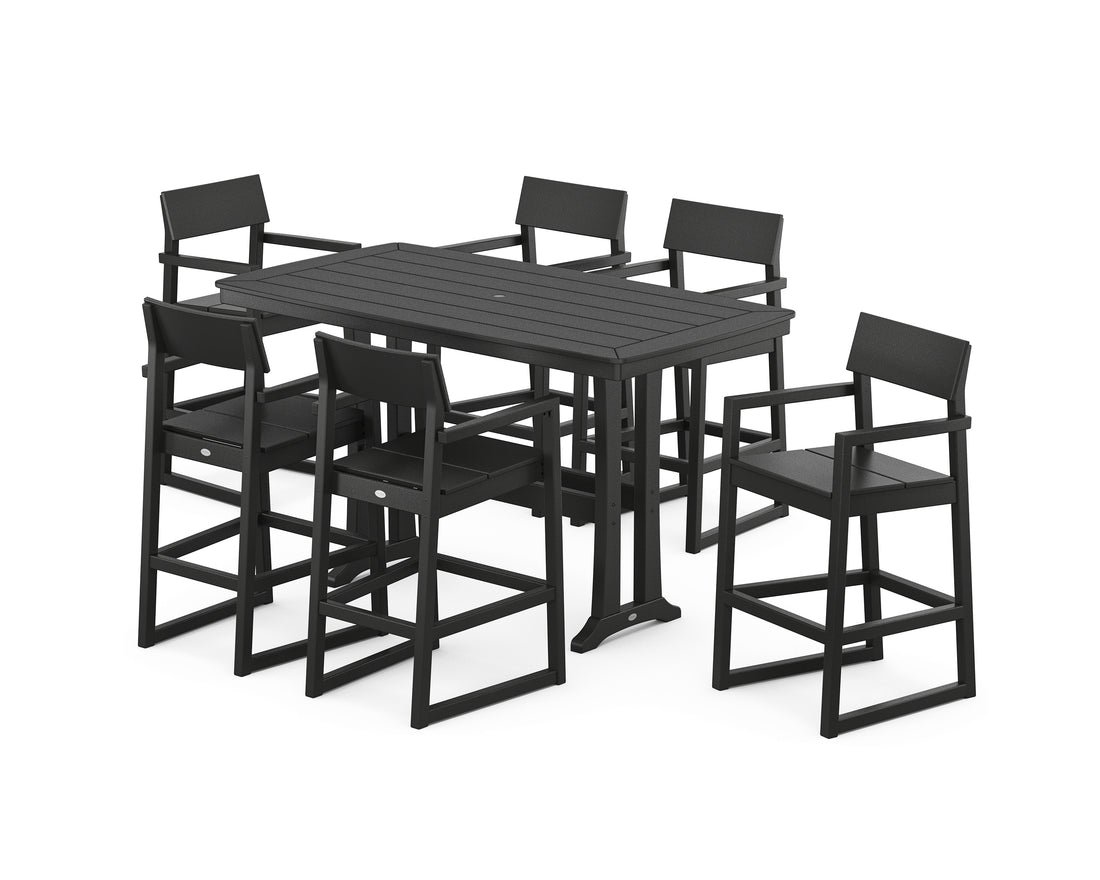 POLYWOOD EDGE Arm Chair 7-Piece Bar Set with Trestle Legs in Black
