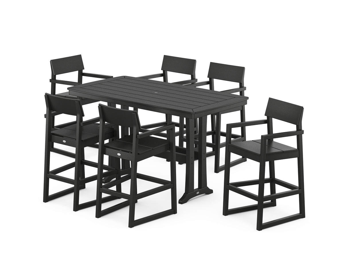 POLYWOOD EDGE Arm Chair 7-Piece Bar Set with Trestle Legs in Black