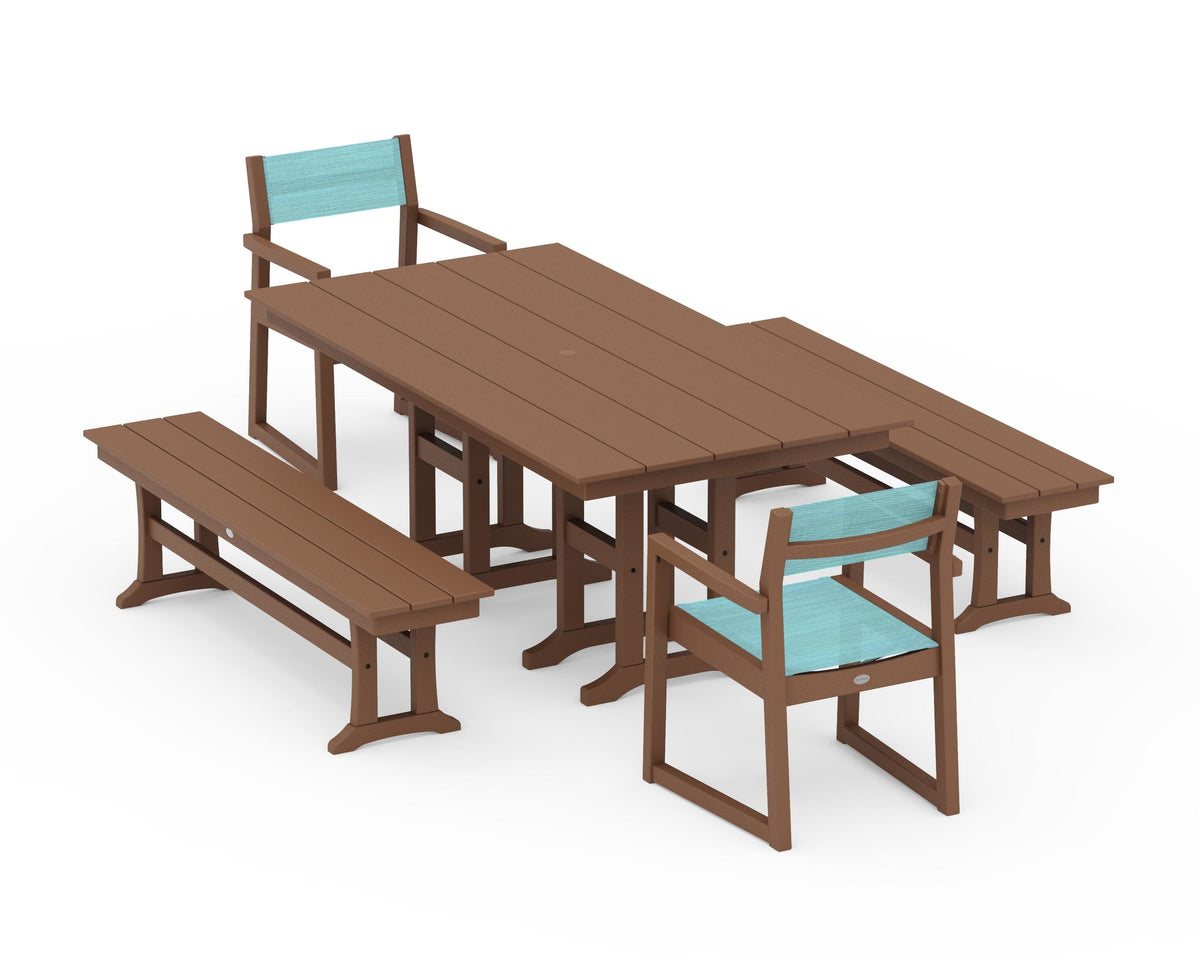 POLYWOOD EDGE Sling Arm Chair 5-Piece Farmhouse Dining Set with Benches in Teak / Dupioni Aquamarine