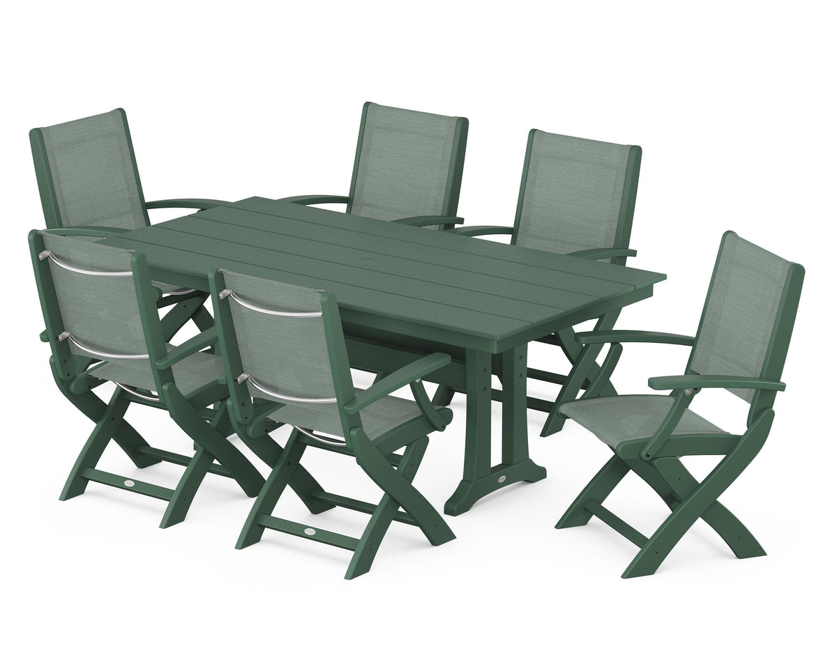 POLYWOOD Coastal Folding Arm Chair 7-Piece Farmhouse Dining Set with Trestle Legs in Green / Dupioni Sea Mist