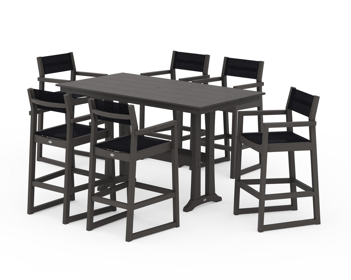 POLYWOOD EDGE Sling Arm Chair 7-Piece Farmhouse Bar Set with Trestle Legs in Vintage Coffee / Black