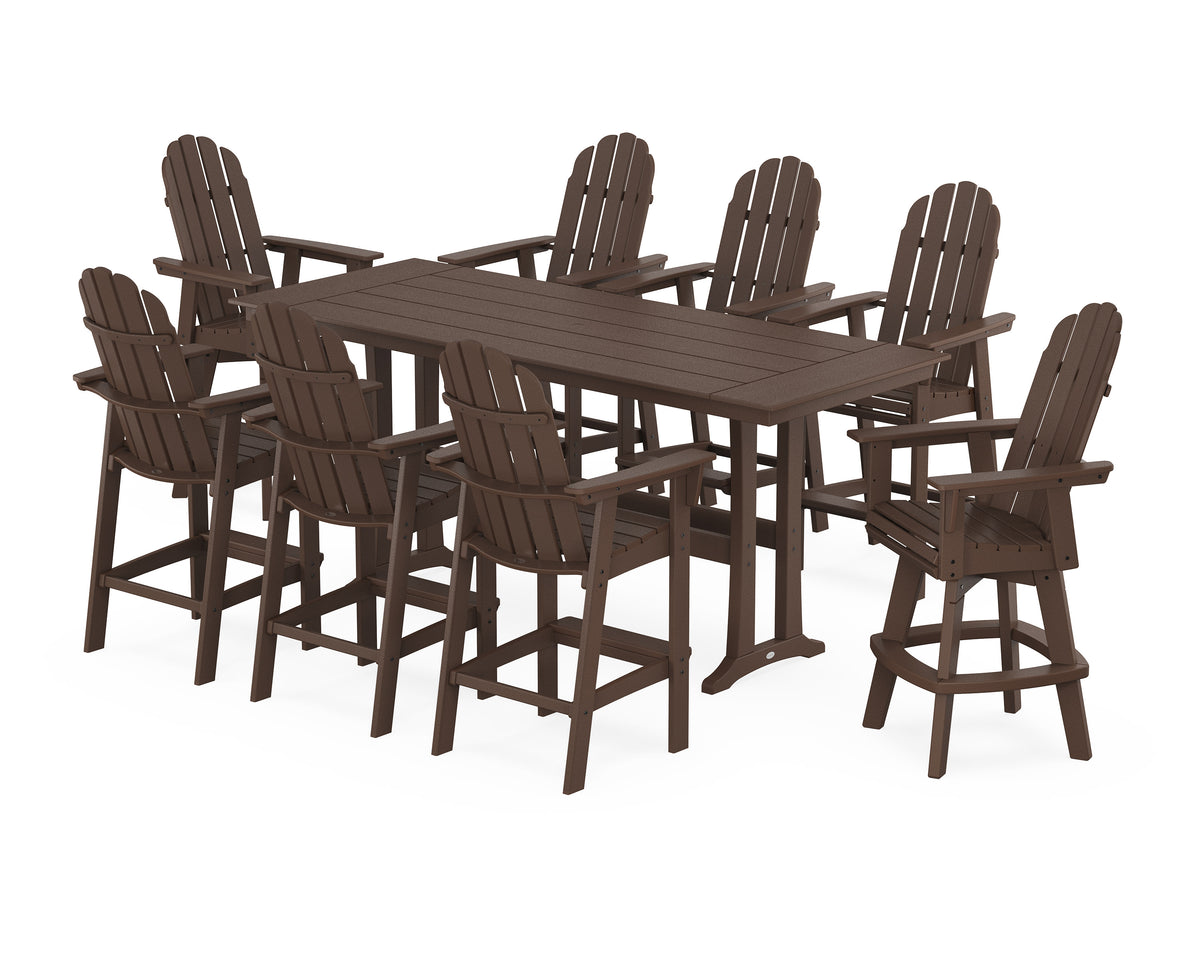 POLYWOOD Vineyard Curveback Adirondack Swivel 9-Piece Farmhouse Bar Set with Trestle Legs in Mahogany