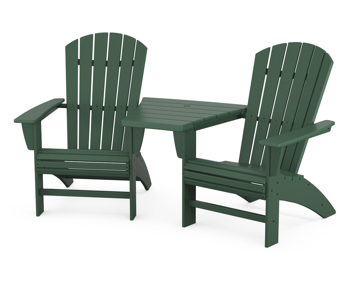 POLYWOOD Nautical 3-Piece Curveback Adirondack Set With Angled Connecting Table in Green