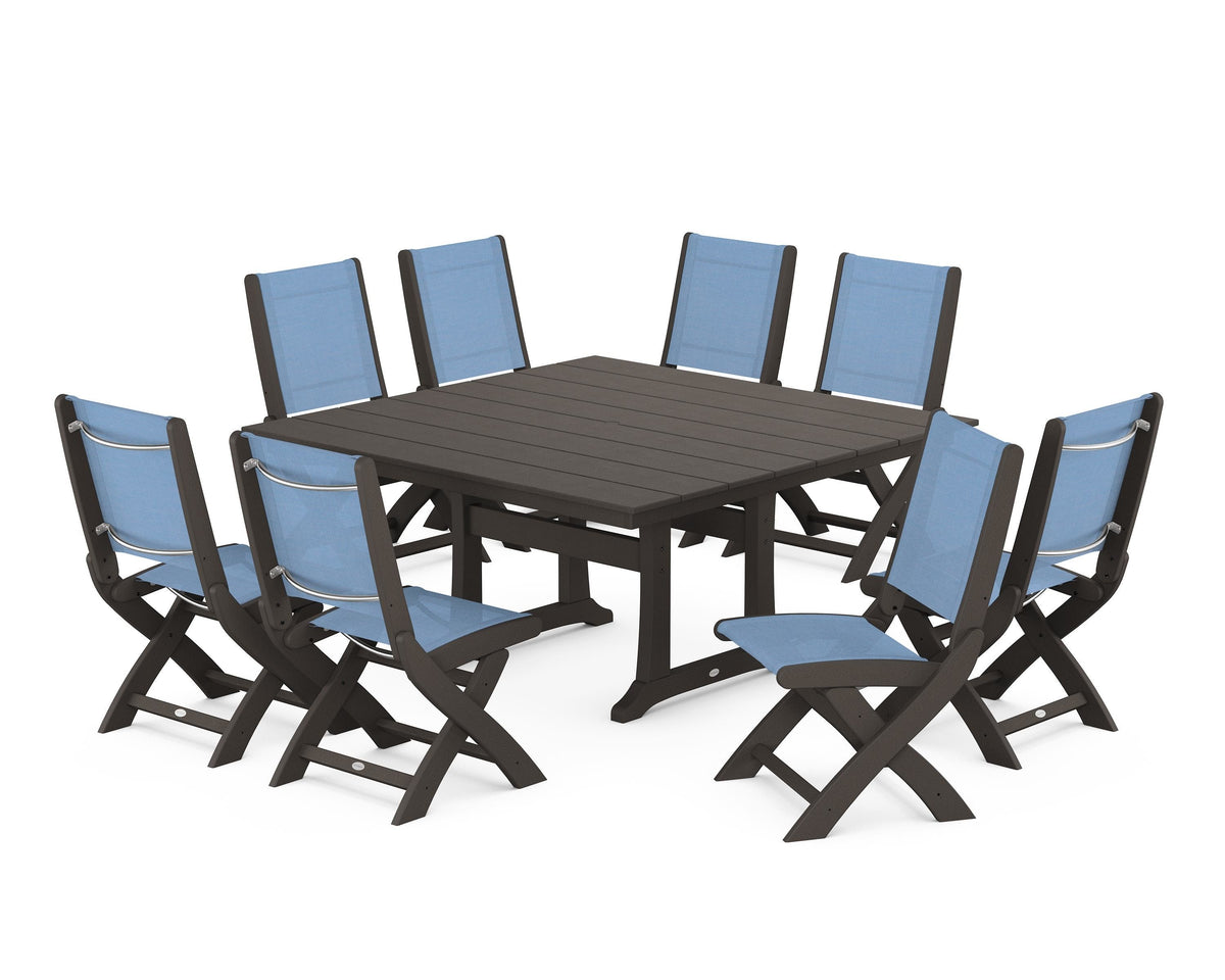 POLYWOOD Coastal Folding Side Chair 9-Piece Farmhouse Dining Set in Vintage Coffee / Poolside