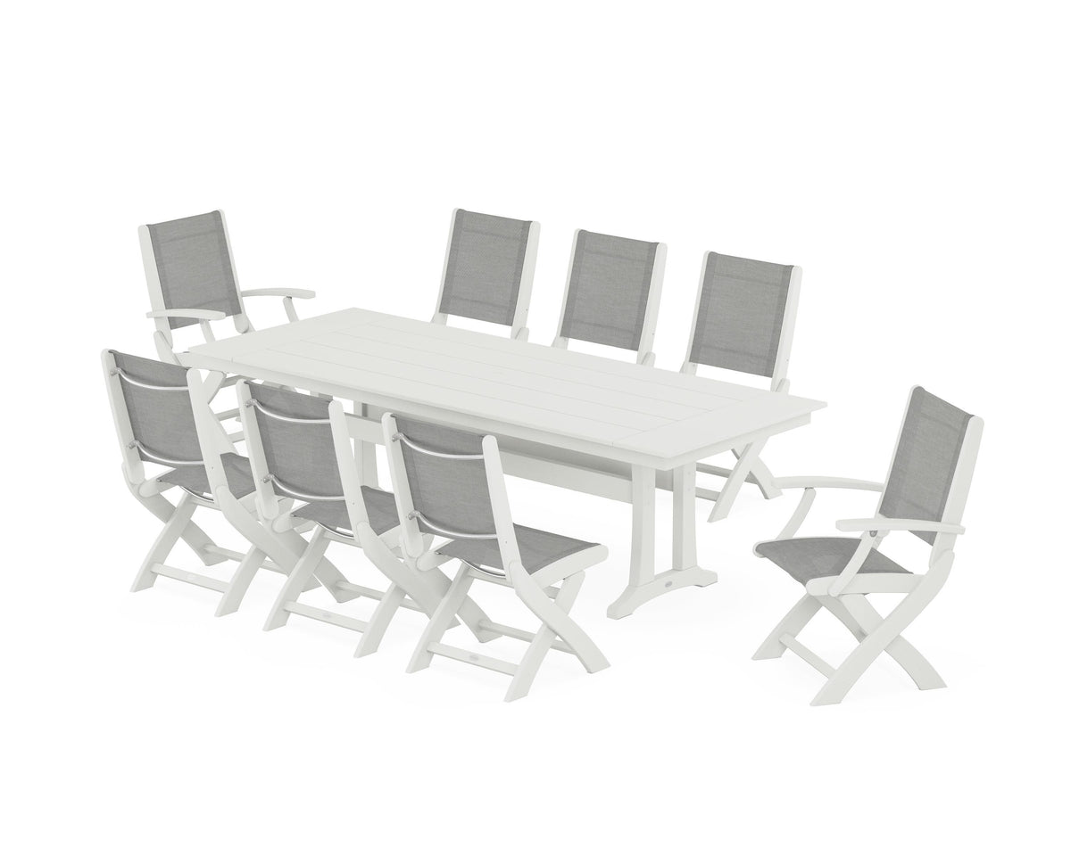 POLYWOOD Coastal 9-Piece Folding Dining Chair Farmhouse Dining Set with Trestle Legs in Vintage White / Metallic