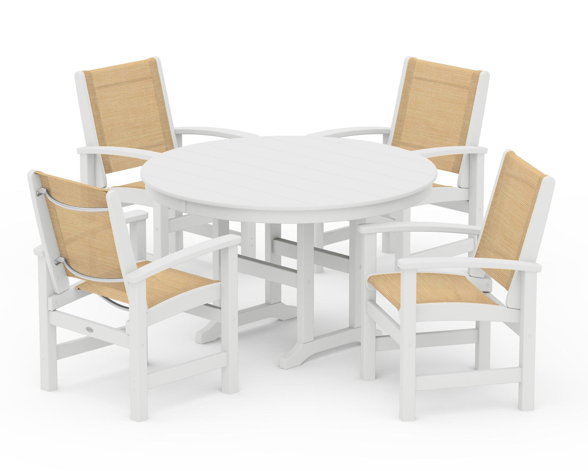 POLYWOOD Coastal 5-Piece Round Farmhouse Dining Set in White / Dupioni Apricot