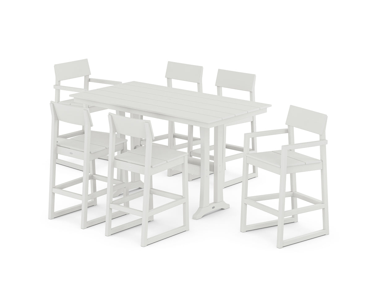 POLYWOOD EDGE 7-Piece Farmhouse Bar Set with Trestle Legs in Vintage White