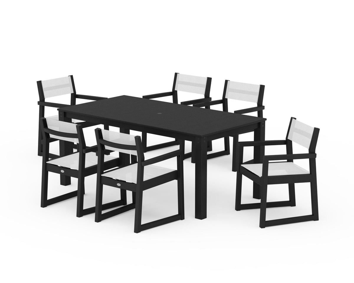 POLYWOOD EDGE Sling Arm Chair 7-Piece Parsons Dining Set in Black / White