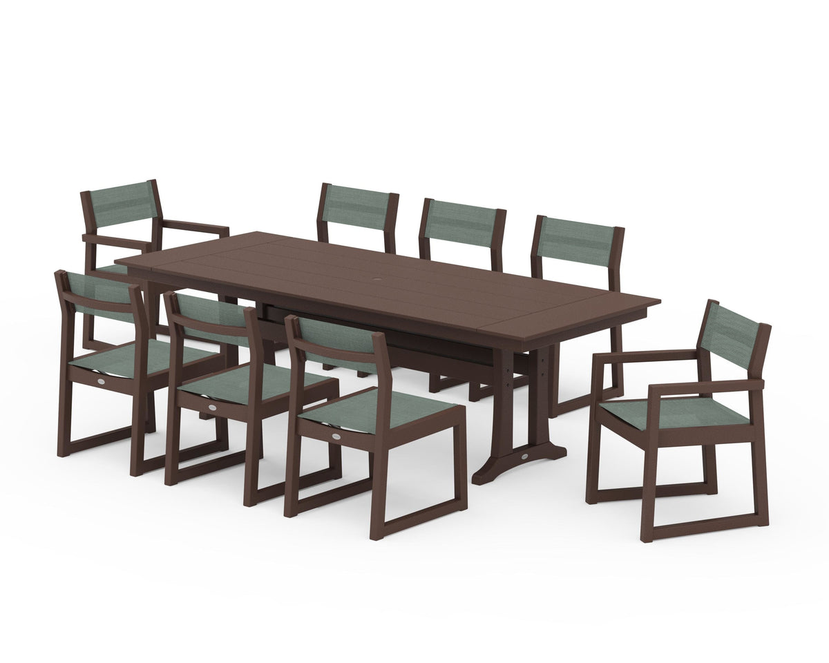 POLYWOOD EDGE Sling 9-Piece Farmhouse Trestle Dining Set in Mahogany / Dupioni Sea Mist