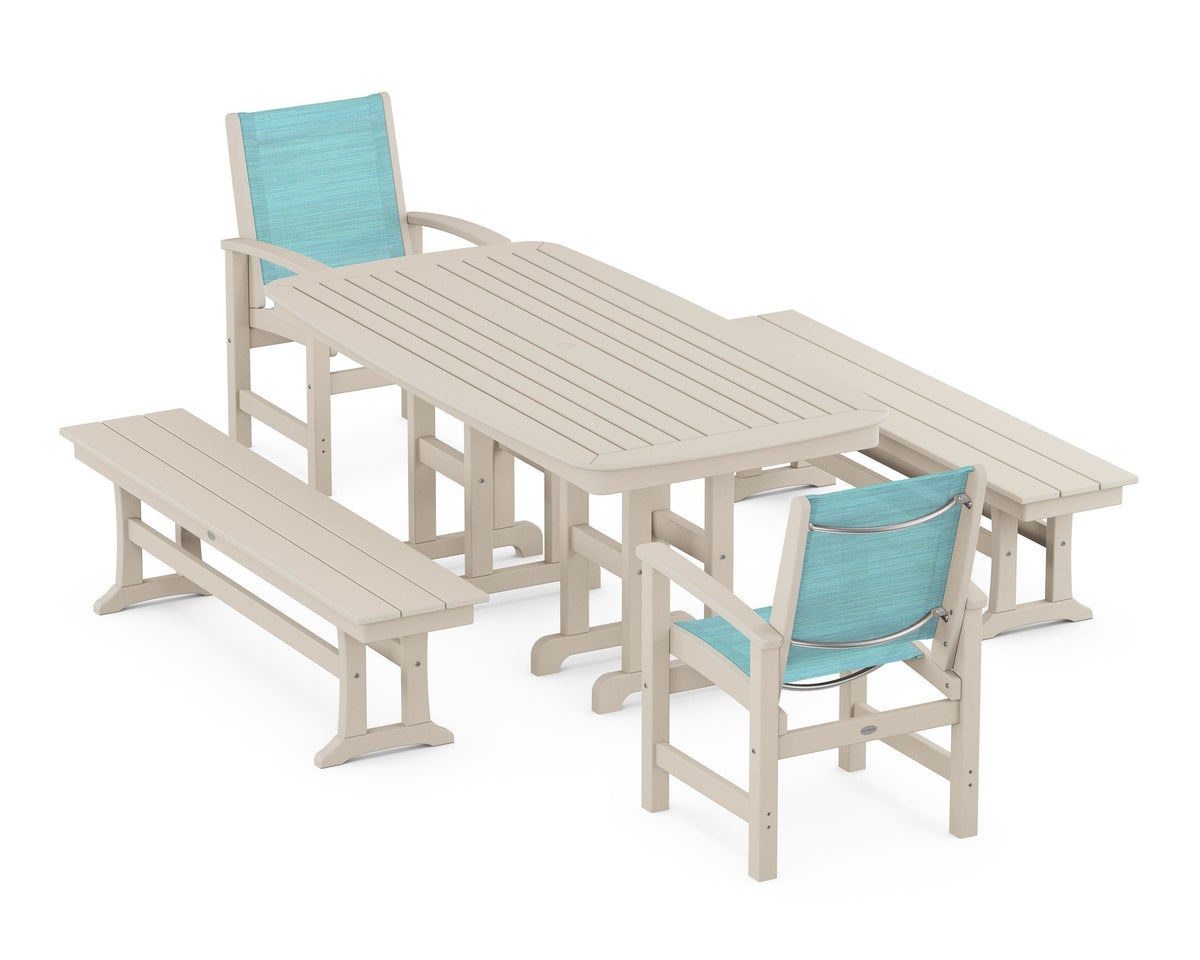 POLYWOOD Coastal 5-Piece Dining Set with Nautical 37" x 72" Dining Table in Sand / Dupioni Aquamarine