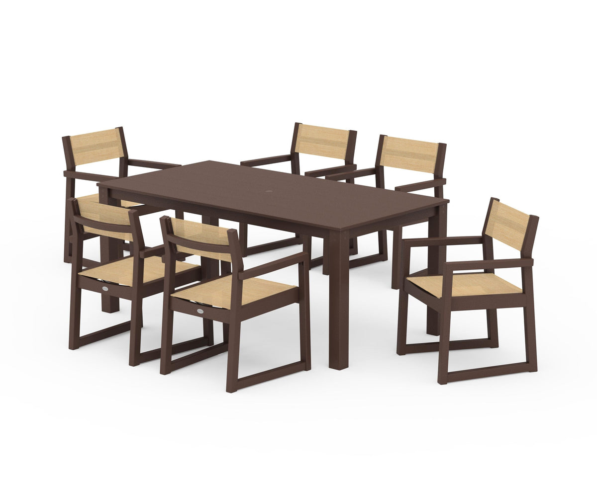 POLYWOOD EDGE Sling Arm Chair 7-Piece Parsons Dining Set in Mahogany / Dupioni Apricot